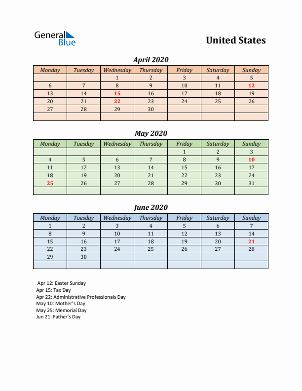 Q2 2020 Holiday Calendar - United States