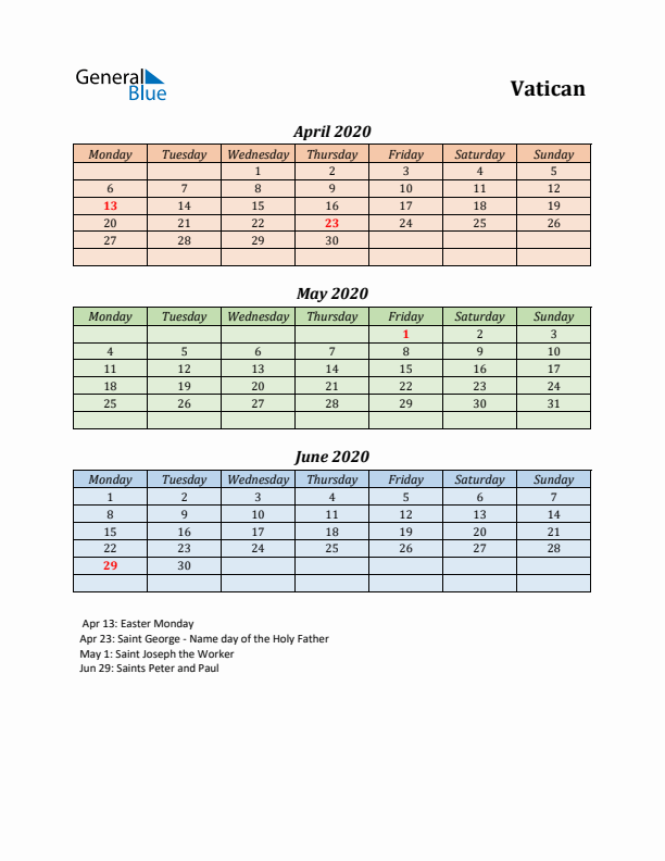 Q2 2020 Holiday Calendar - Vatican