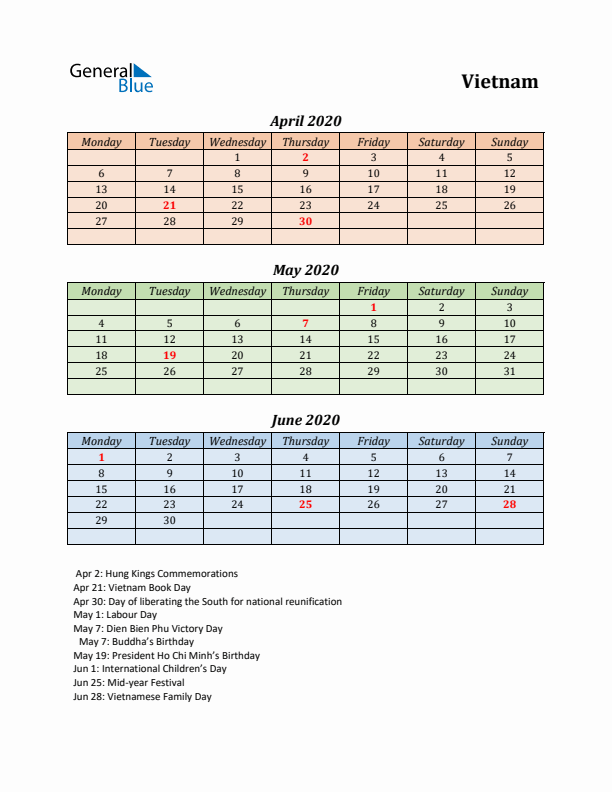 Q2 2020 Holiday Calendar - Vietnam