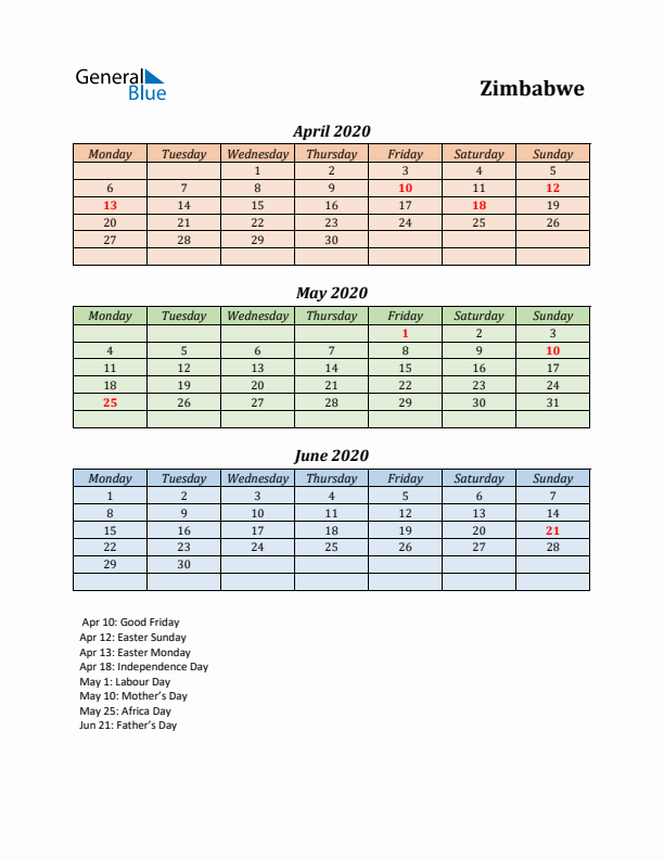 Q2 2020 Holiday Calendar - Zimbabwe