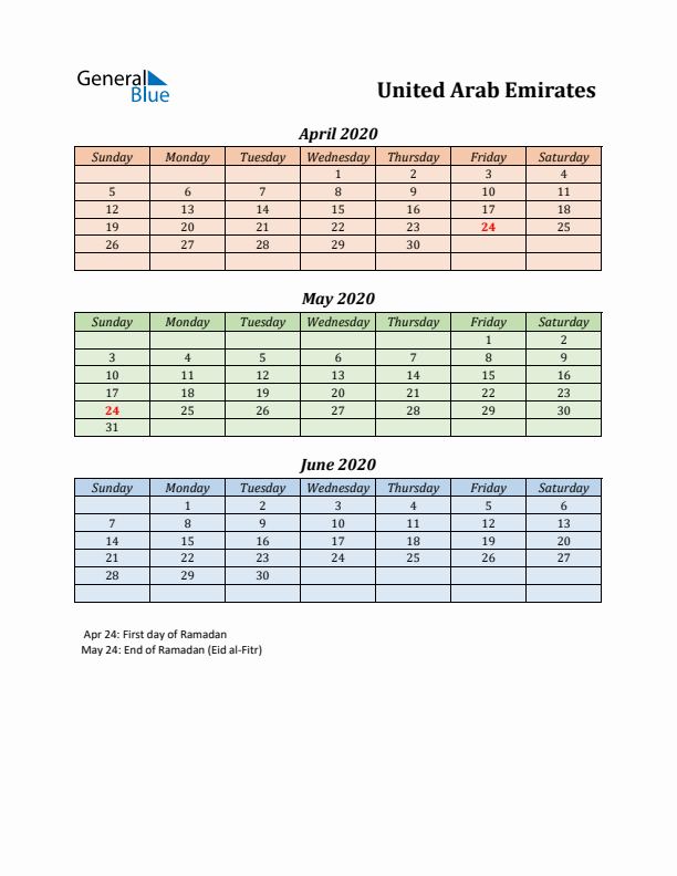 Q2 2020 Holiday Calendar - United Arab Emirates