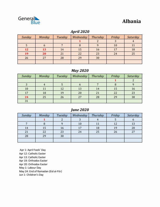 Q2 2020 Holiday Calendar - Albania