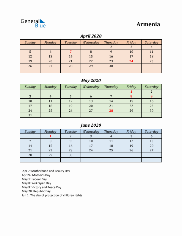 Q2 2020 Holiday Calendar - Armenia