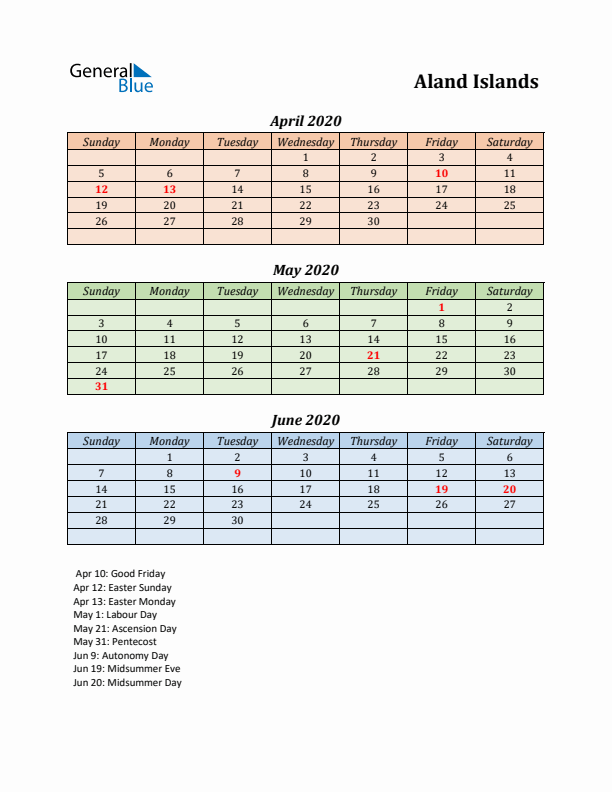 Q2 2020 Holiday Calendar - Aland Islands