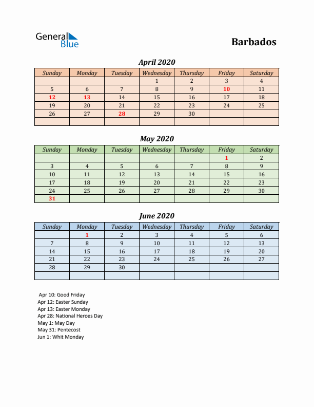 Q2 2020 Holiday Calendar - Barbados