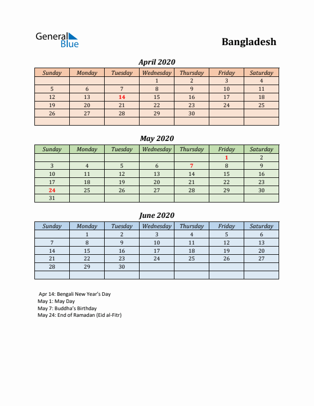 Q2 2020 Holiday Calendar - Bangladesh