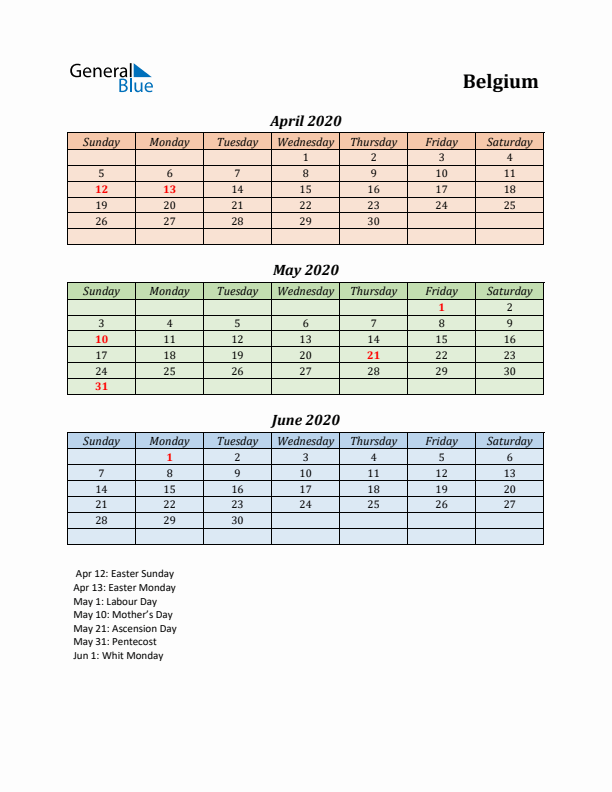 Q2 2020 Holiday Calendar - Belgium