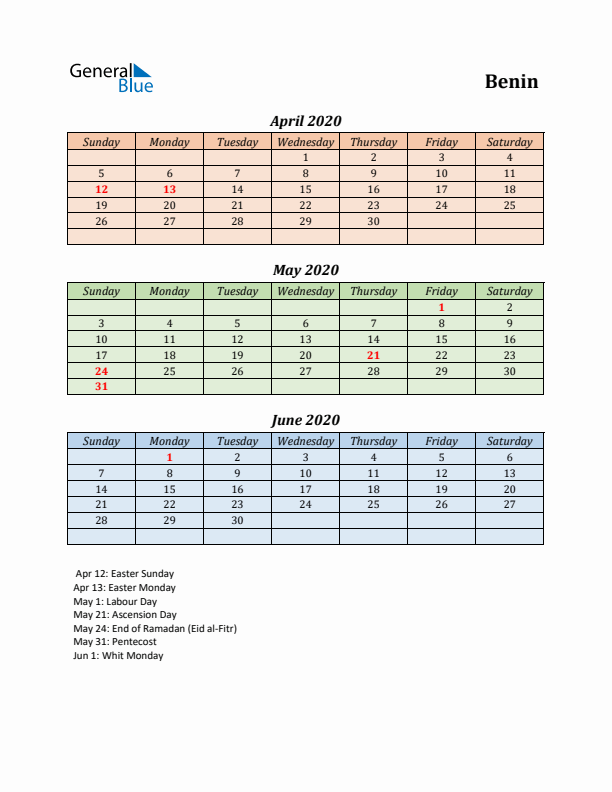 Q2 2020 Holiday Calendar - Benin