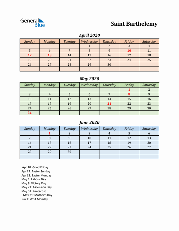 Q2 2020 Holiday Calendar - Saint Barthelemy