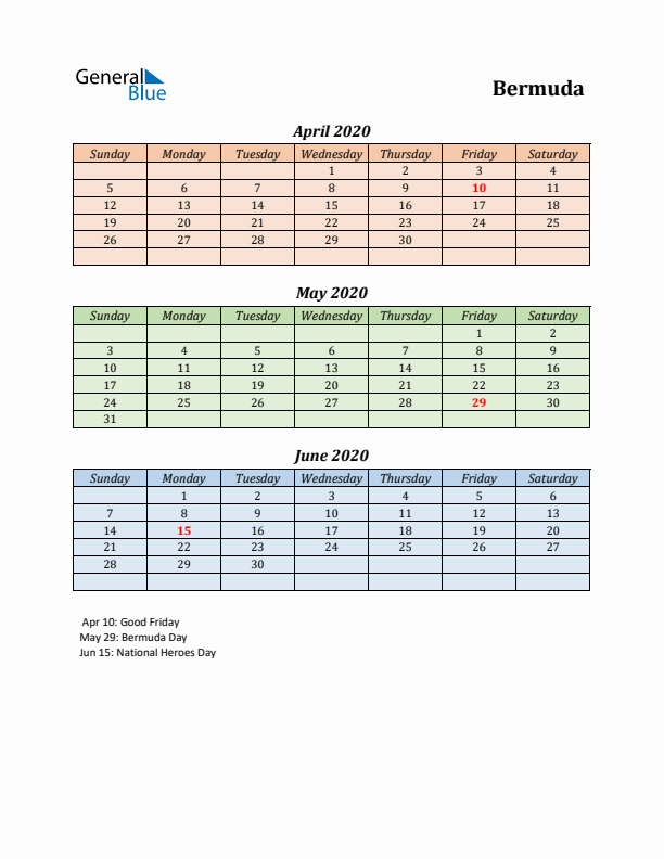 Q2 2020 Holiday Calendar - Bermuda