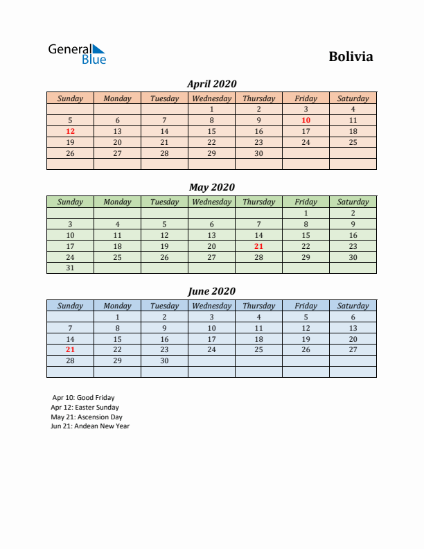 Q2 2020 Holiday Calendar - Bolivia