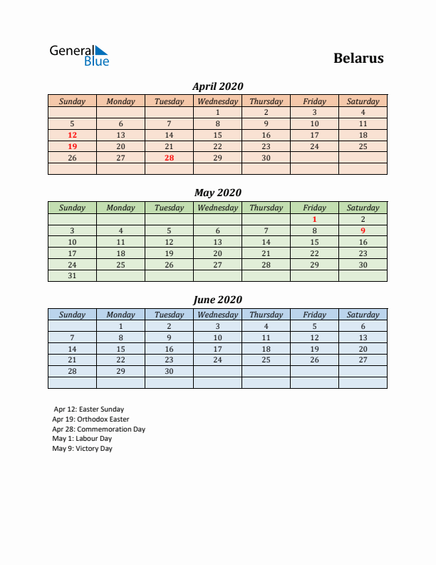 Q2 2020 Holiday Calendar - Belarus