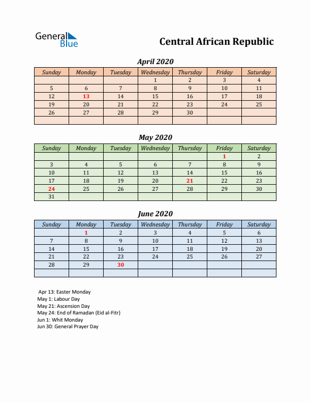 Q2 2020 Holiday Calendar - Central African Republic