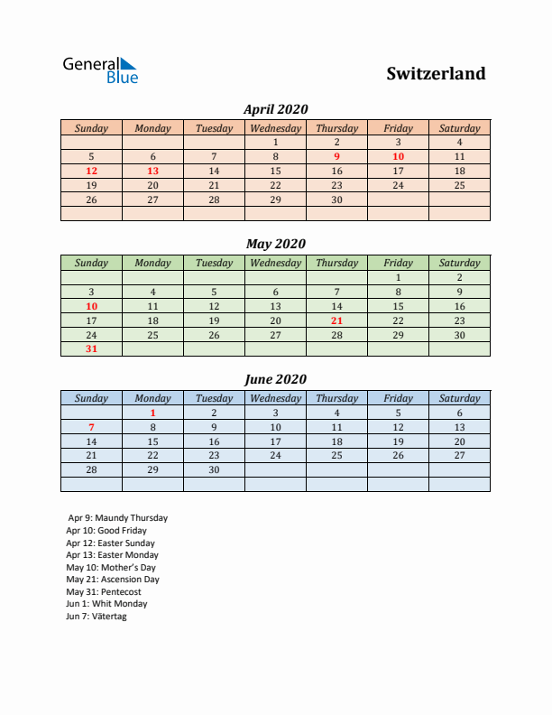 Q2 2020 Holiday Calendar - Switzerland