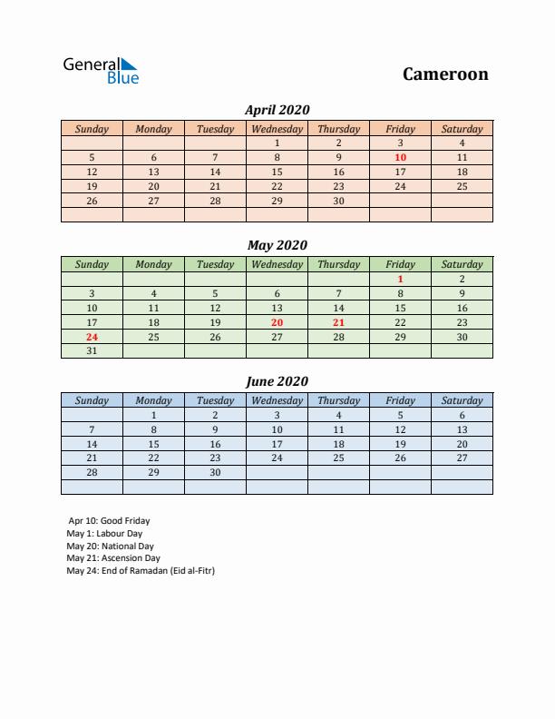 Q2 2020 Holiday Calendar - Cameroon