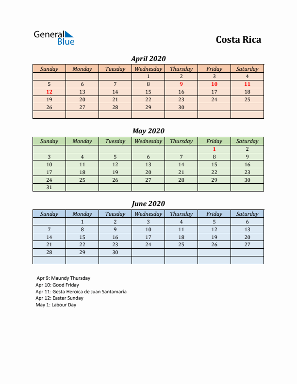 Q2 2020 Holiday Calendar - Costa Rica