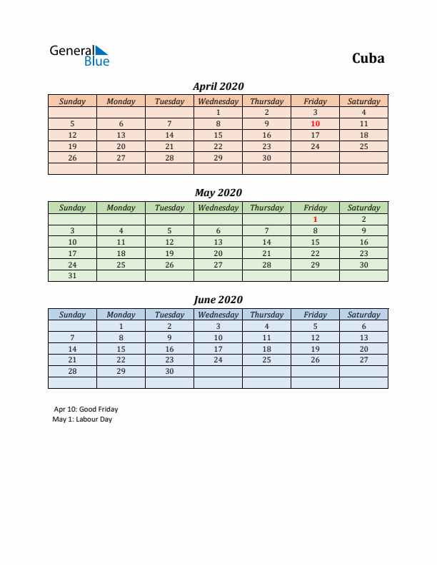 Q2 2020 Holiday Calendar - Cuba