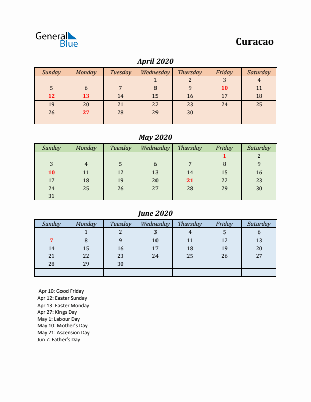 Q2 2020 Holiday Calendar - Curacao