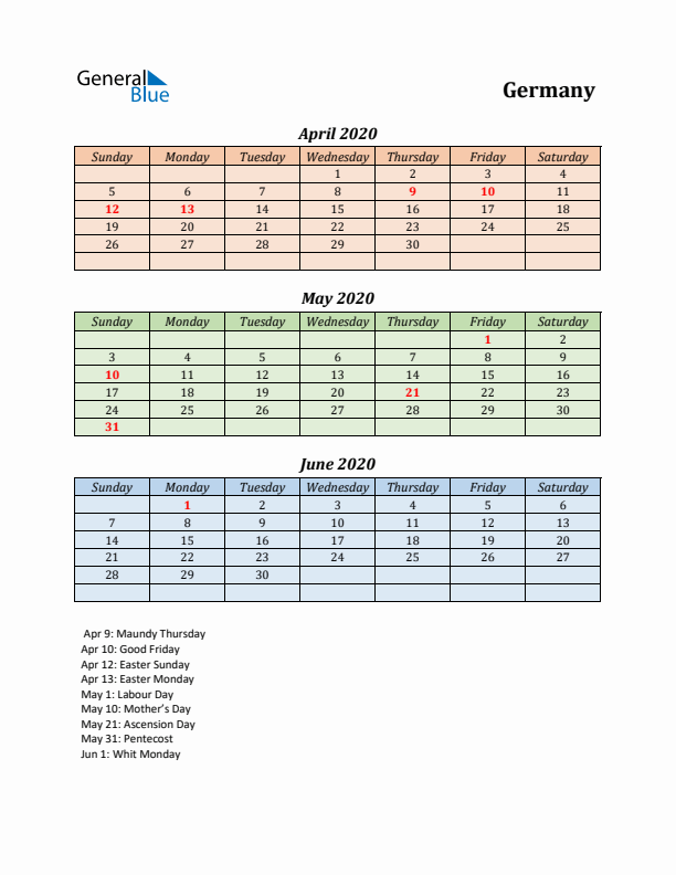 Q2 2020 Holiday Calendar - Germany