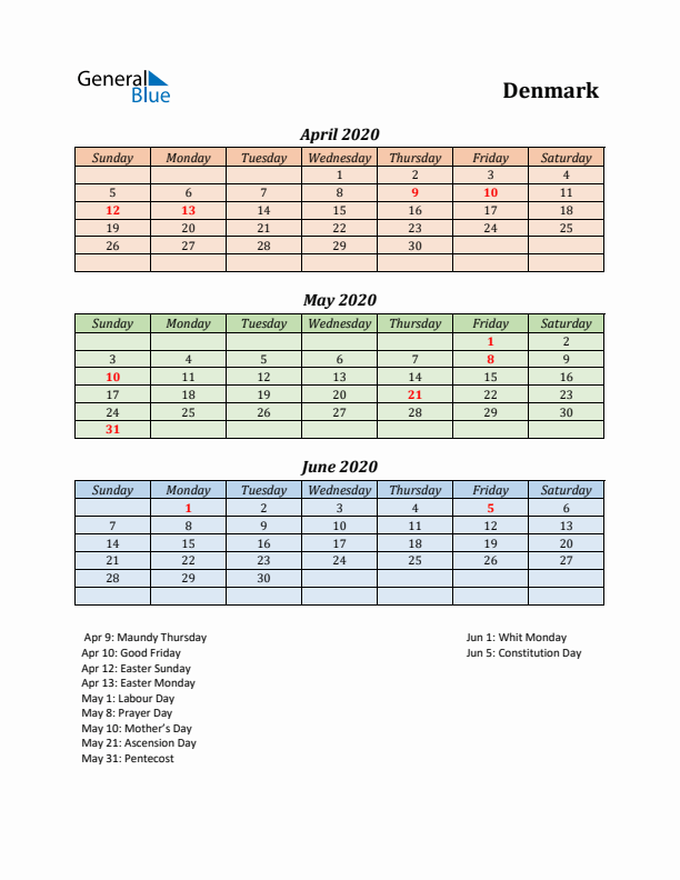 Q2 2020 Holiday Calendar - Denmark