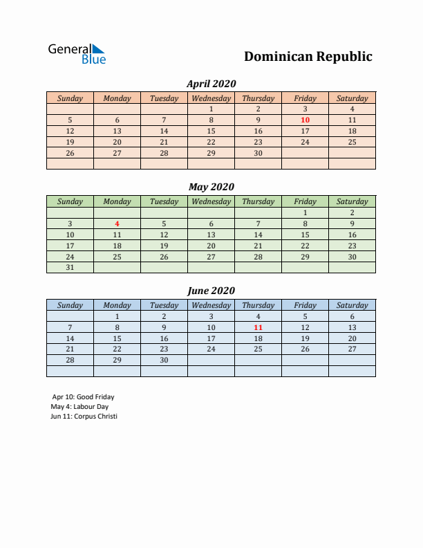 Q2 2020 Holiday Calendar - Dominican Republic