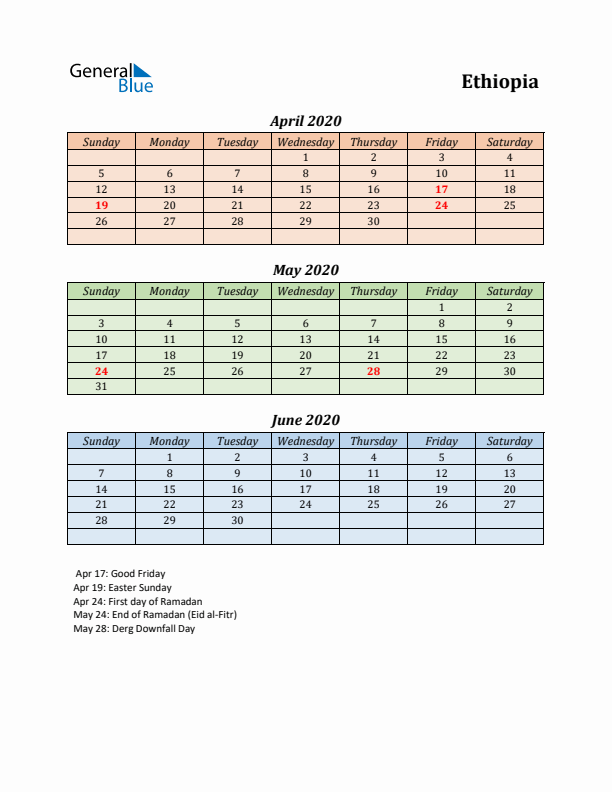 Q2 2020 Holiday Calendar - Ethiopia