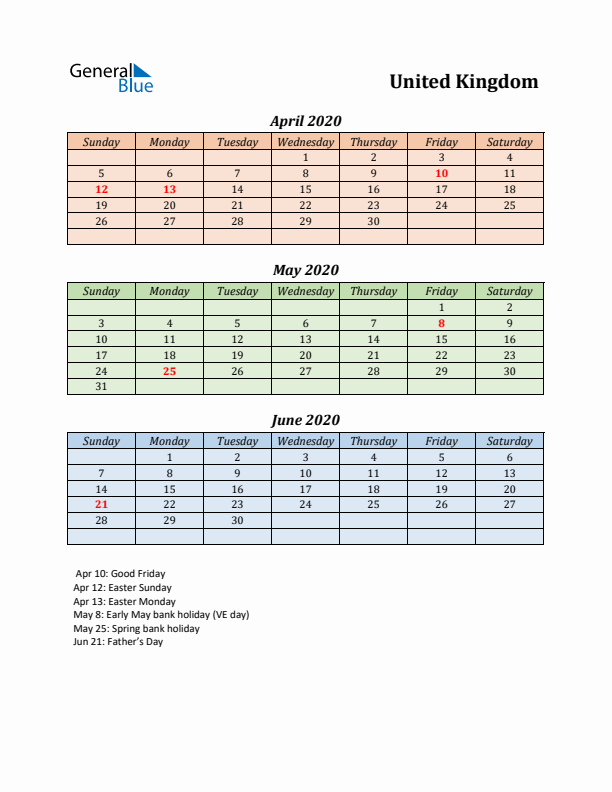 Q2 2020 Holiday Calendar - United Kingdom