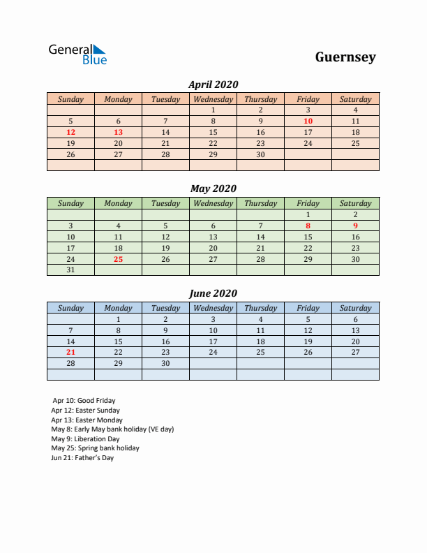 Q2 2020 Holiday Calendar - Guernsey