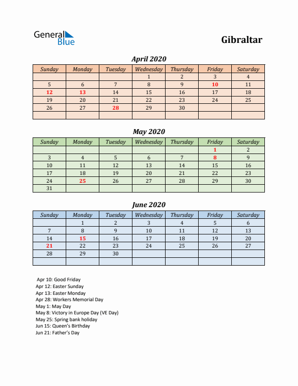 Q2 2020 Holiday Calendar - Gibraltar