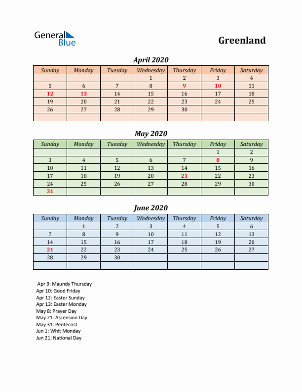 Q2 2020 Holiday Calendar - Greenland