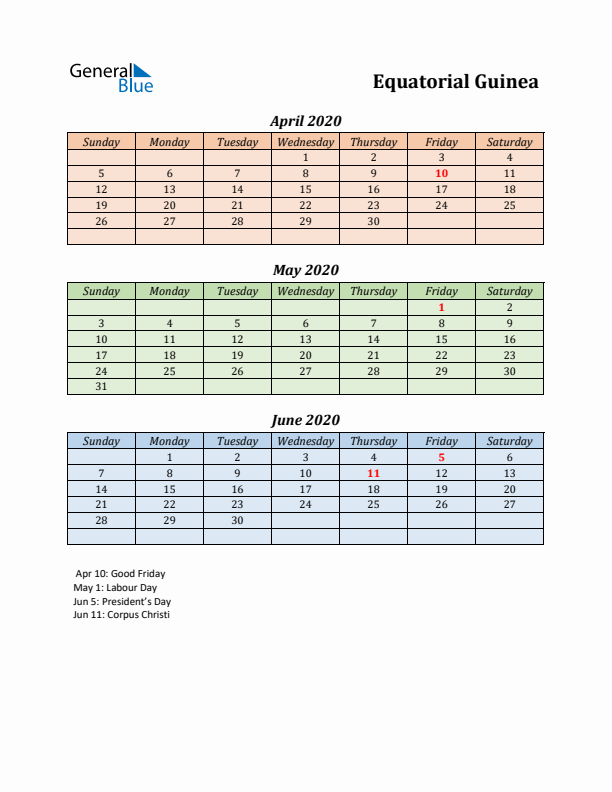 Q2 2020 Holiday Calendar - Equatorial Guinea