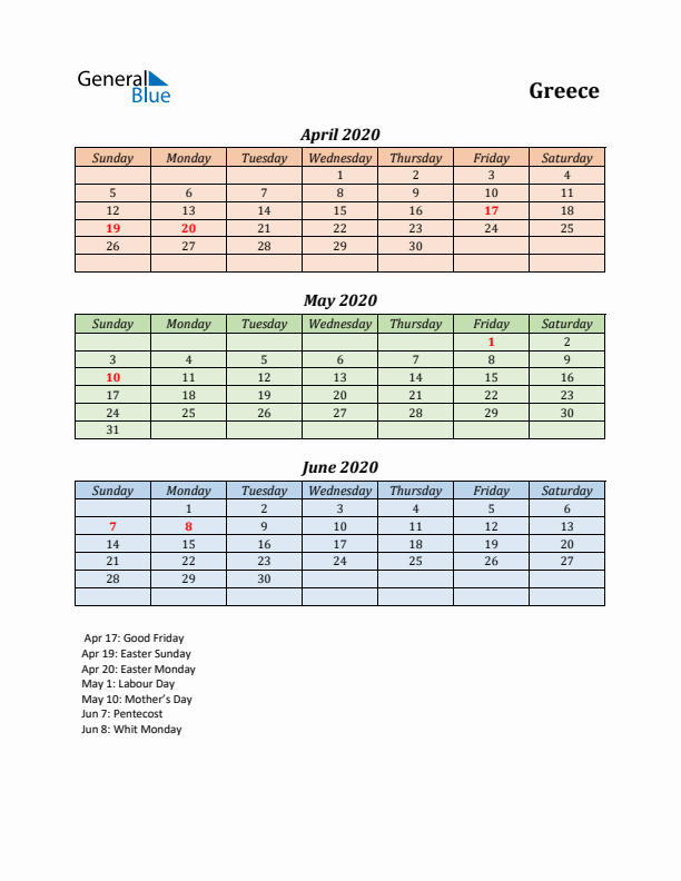 Q2 2020 Holiday Calendar - Greece