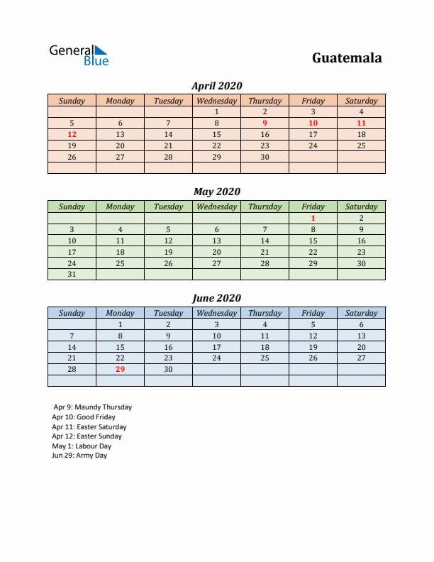 Q2 2020 Holiday Calendar - Guatemala