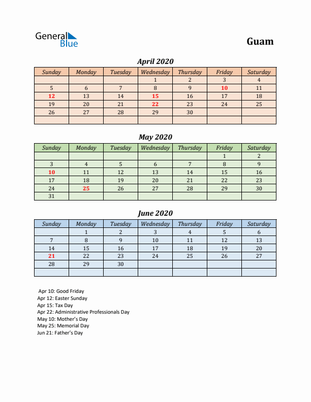 Q2 2020 Holiday Calendar - Guam