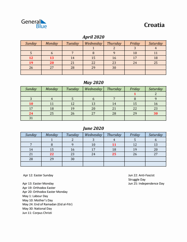 Q2 2020 Holiday Calendar - Croatia