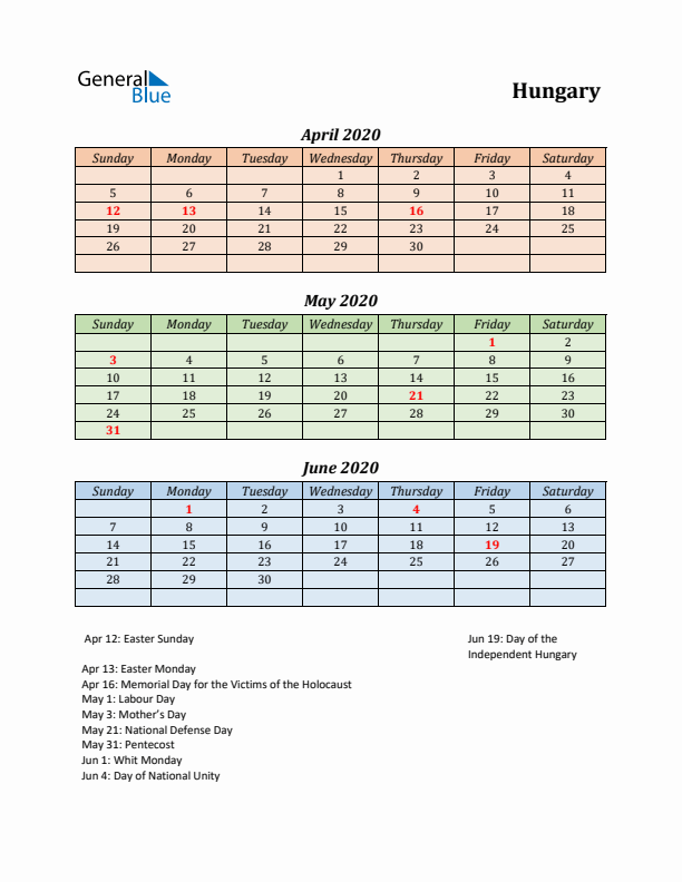 Q2 2020 Holiday Calendar - Hungary