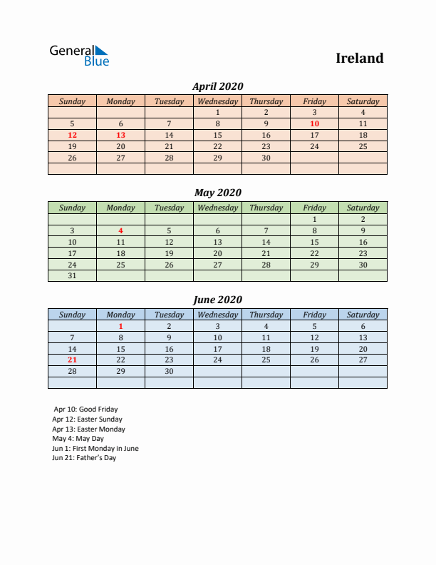 Q2 2020 Holiday Calendar - Ireland