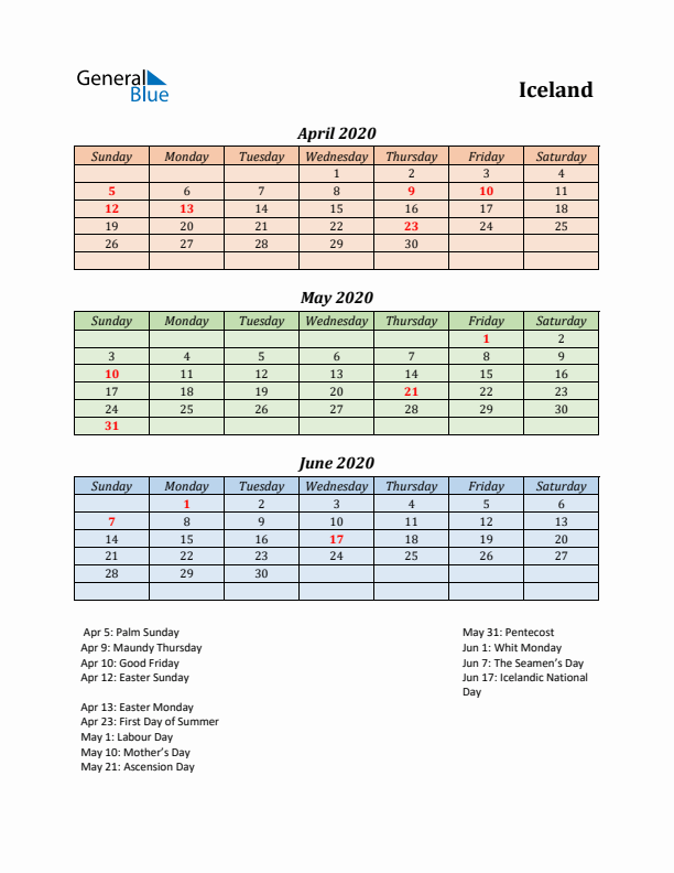 Q2 2020 Holiday Calendar - Iceland