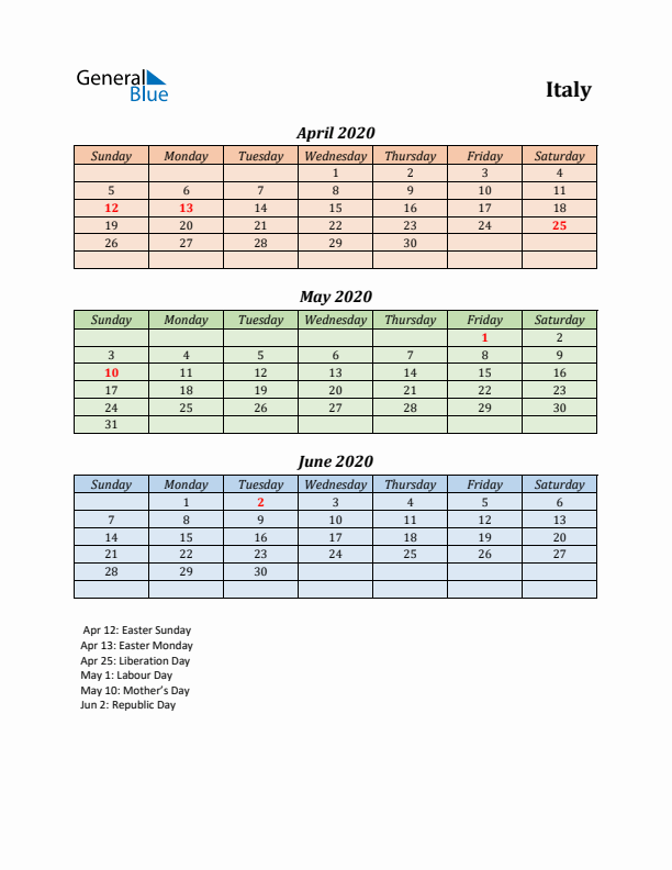 Q2 2020 Holiday Calendar - Italy