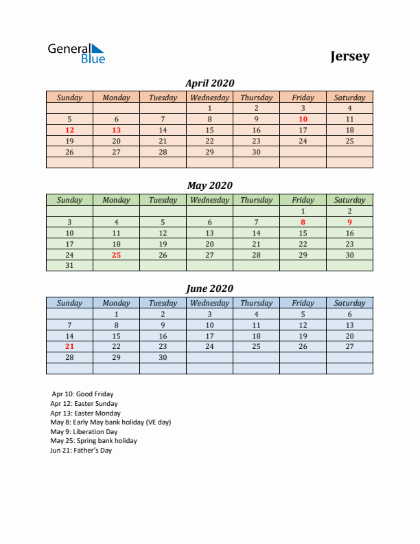 Q2 2020 Holiday Calendar - Jersey