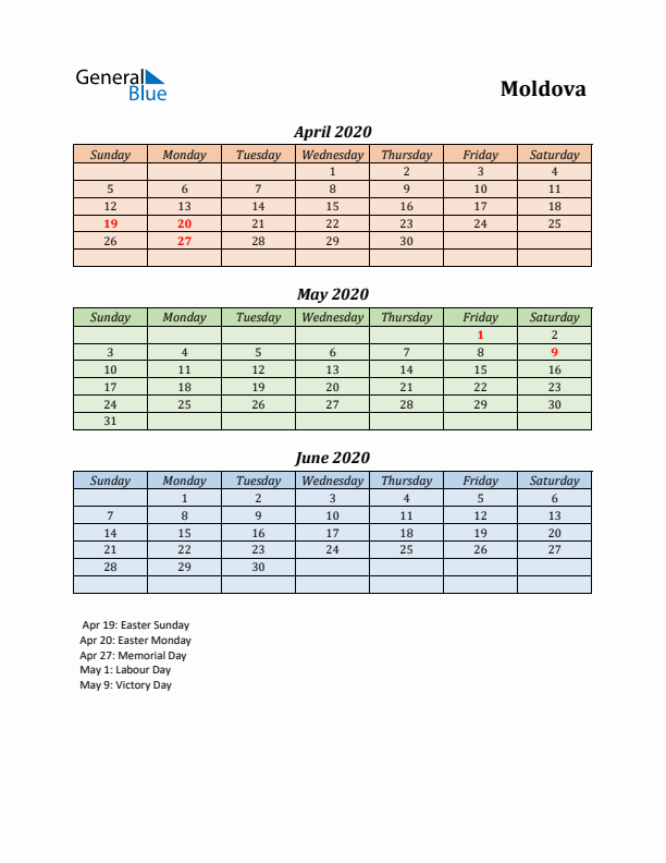 Q2 2020 Holiday Calendar - Moldova