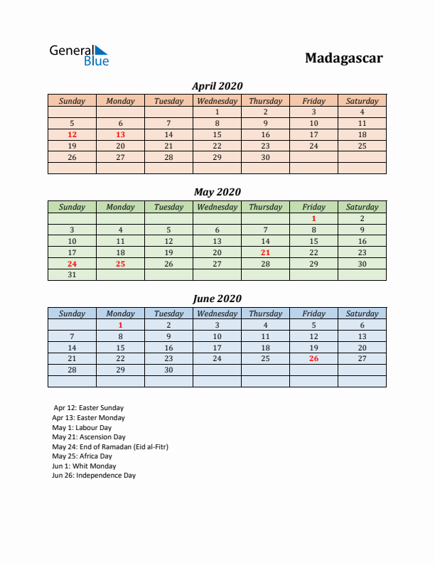 Q2 2020 Holiday Calendar - Madagascar