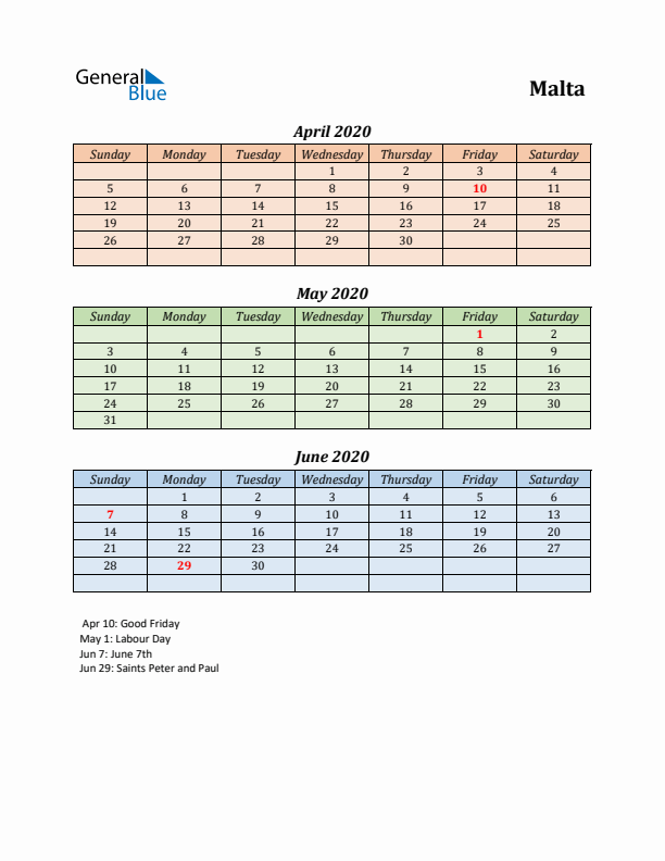 Q2 2020 Holiday Calendar - Malta