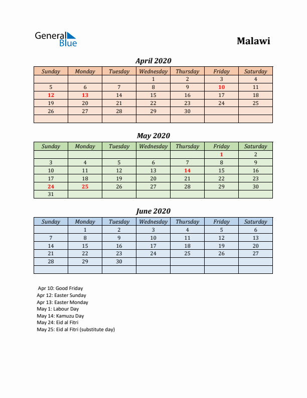 Q2 2020 Holiday Calendar - Malawi