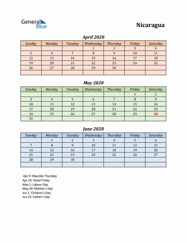 Q2 2020 Holiday Calendar - Nicaragua