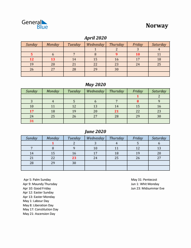 Q2 2020 Holiday Calendar - Norway