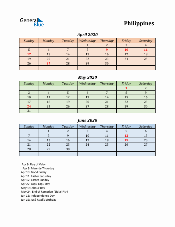 Q2 2020 Holiday Calendar - Philippines