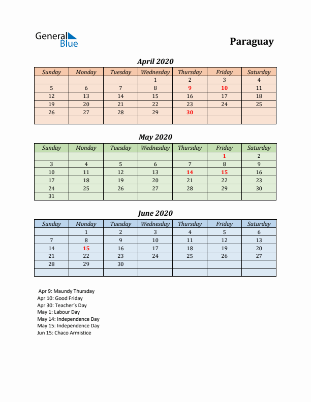 Q2 2020 Holiday Calendar - Paraguay