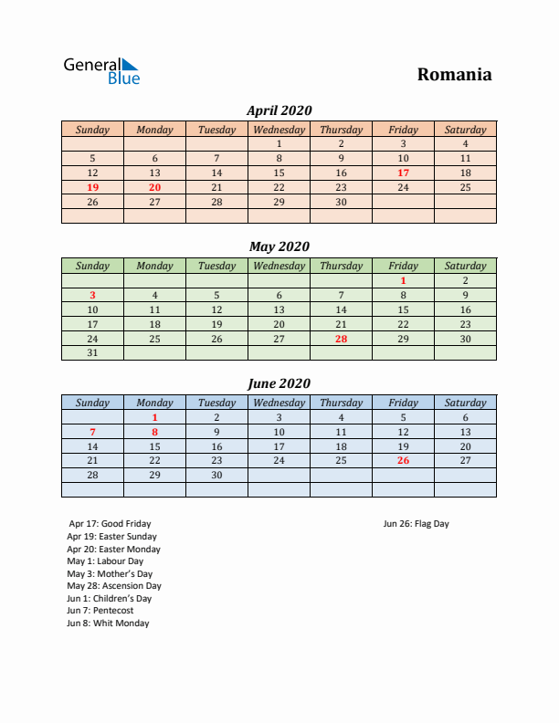 Q2 2020 Holiday Calendar - Romania