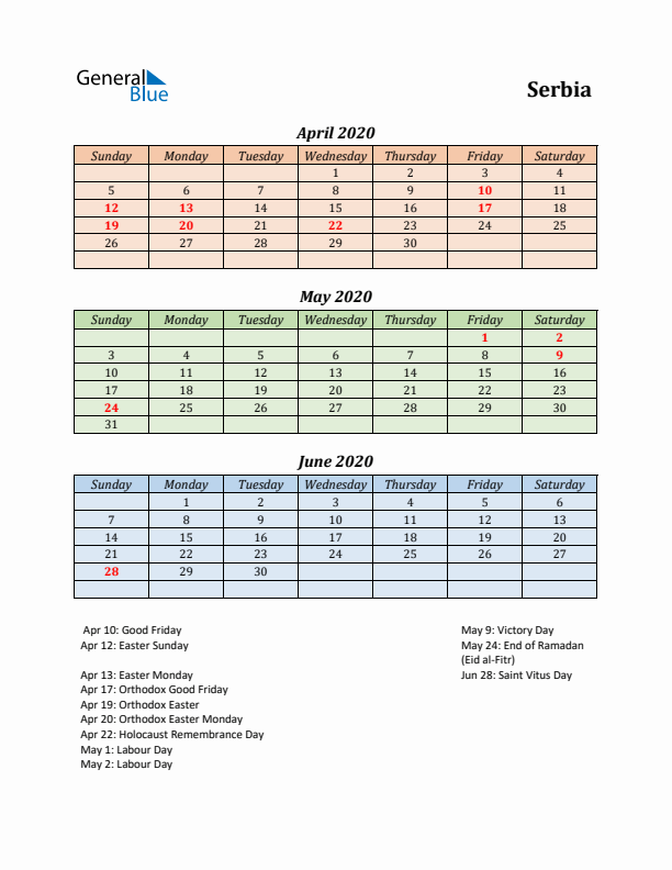 Q2 2020 Holiday Calendar - Serbia